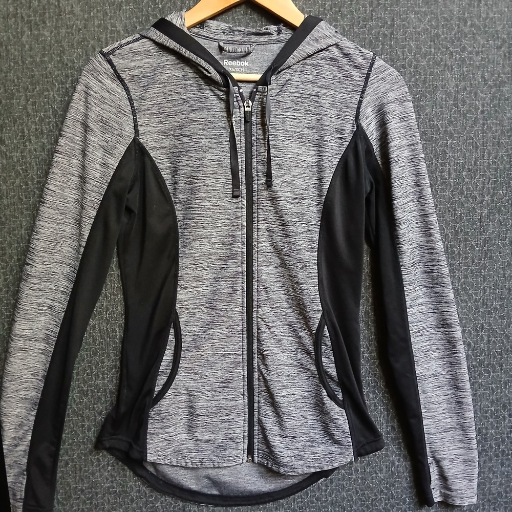 Reebok Womens Gray Space Dye Full Zip Athletic Hoodie Thumbholes XS